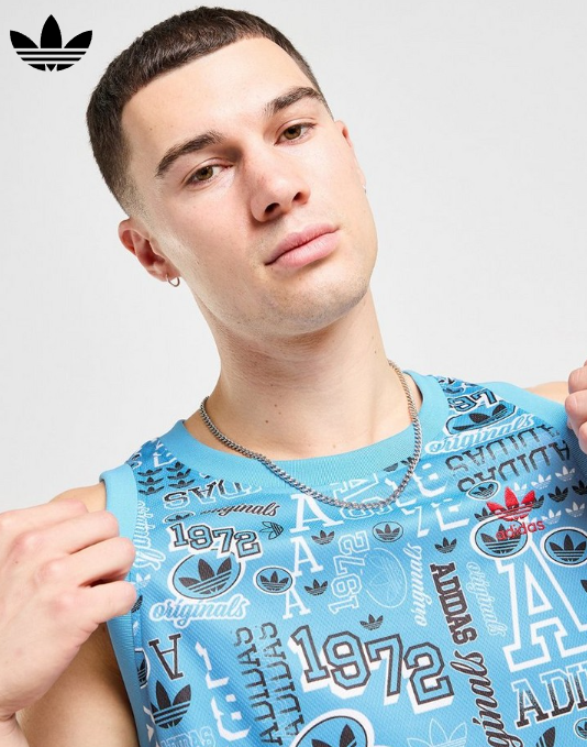 Adidas Originals Graphic Sticker Tank Top Mens Trefoil Logo Vest Blue L XL