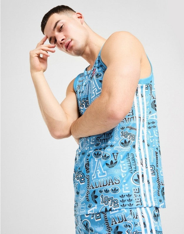 Adidas Originals Graphic Sticker Tank Top Mens Trefoil Logo Vest Blue L XL