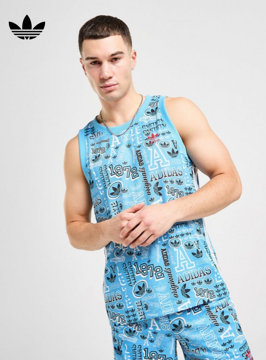 Adidas Originals Graphic Sticker Tank Top Mens Trefoil Logo Vest Blue L XL