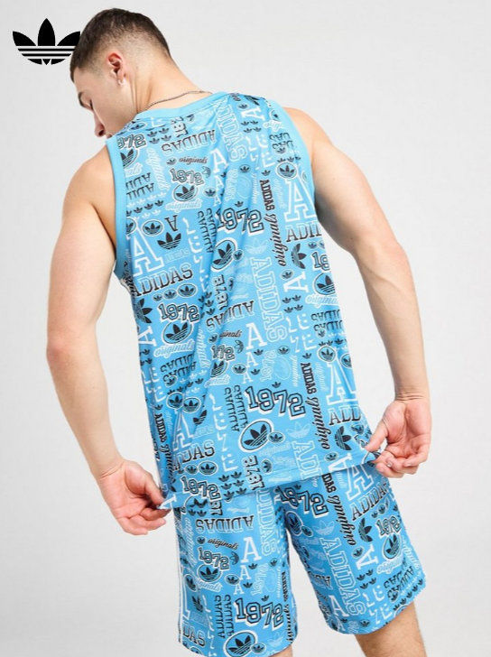 Adidas Originals Graphic Sticker Tank Top Mens Trefoil Logo Vest Blue L XL